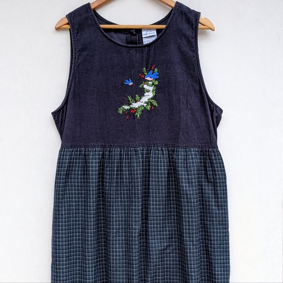 VINTAGE women's navy corduroy and plaid holiday overall pinafore jumper dress - Picture 8 of 10